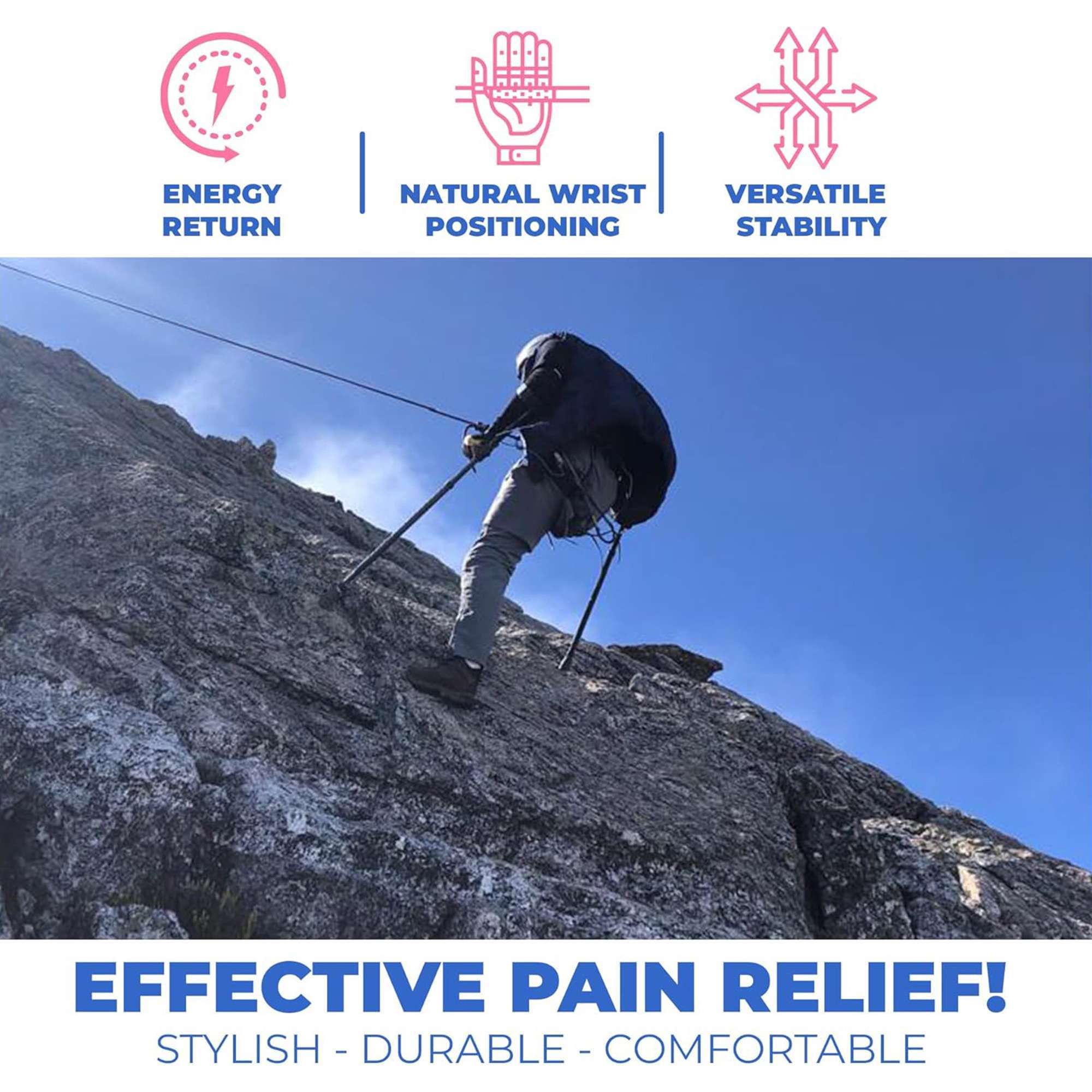 Climber using in-Motion Pro rigid-post forearm crutches on a rocky slope