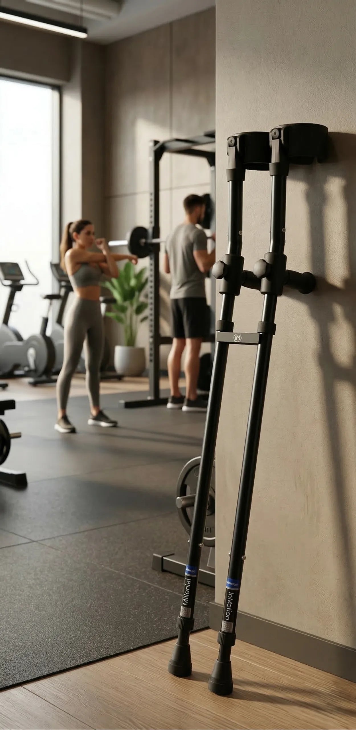 Forearm crutches with in-Motion Handy Clip leaning on a gym wall