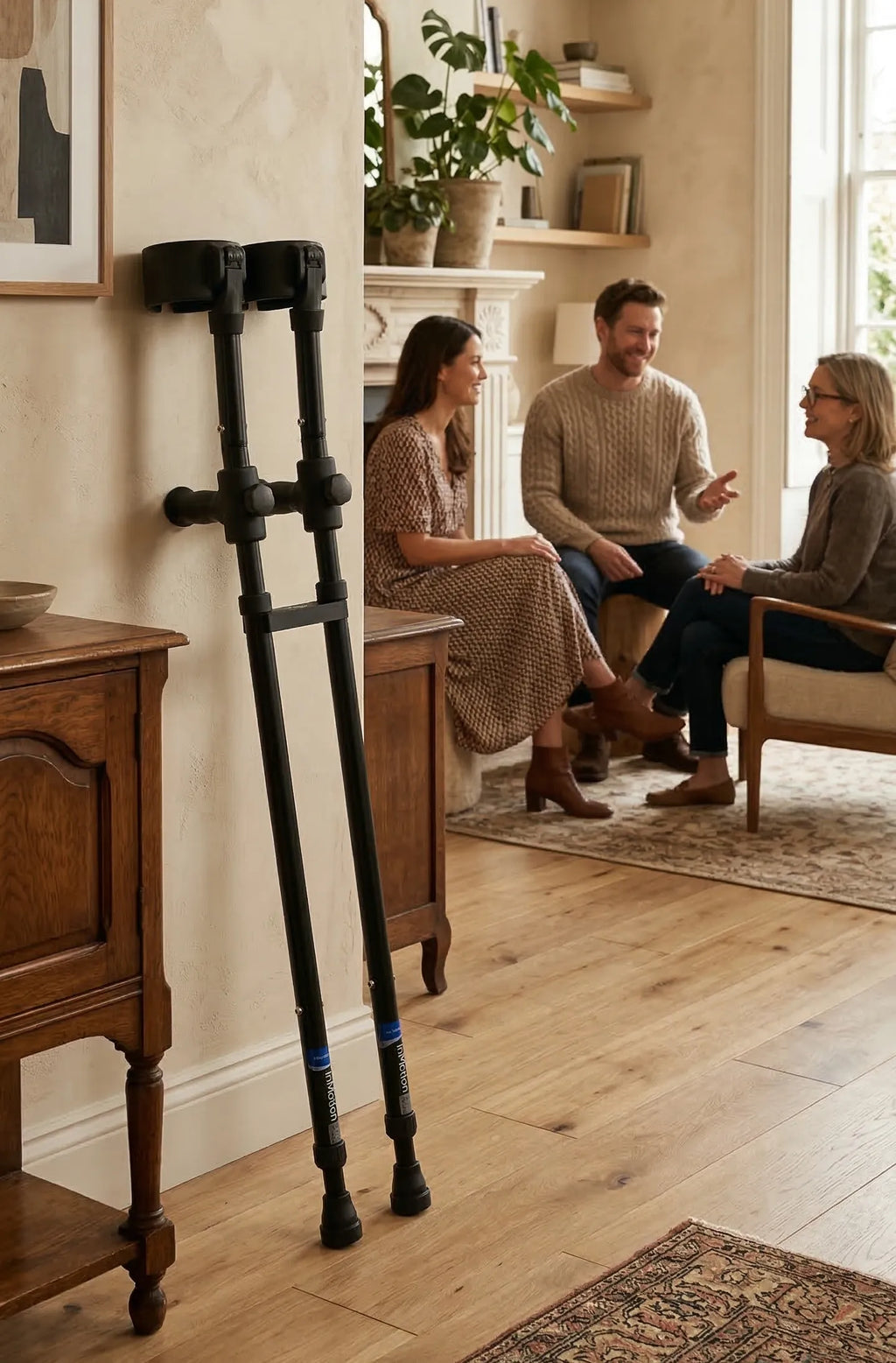 Forearm crutches with in-Motion Handy Clip in a living room