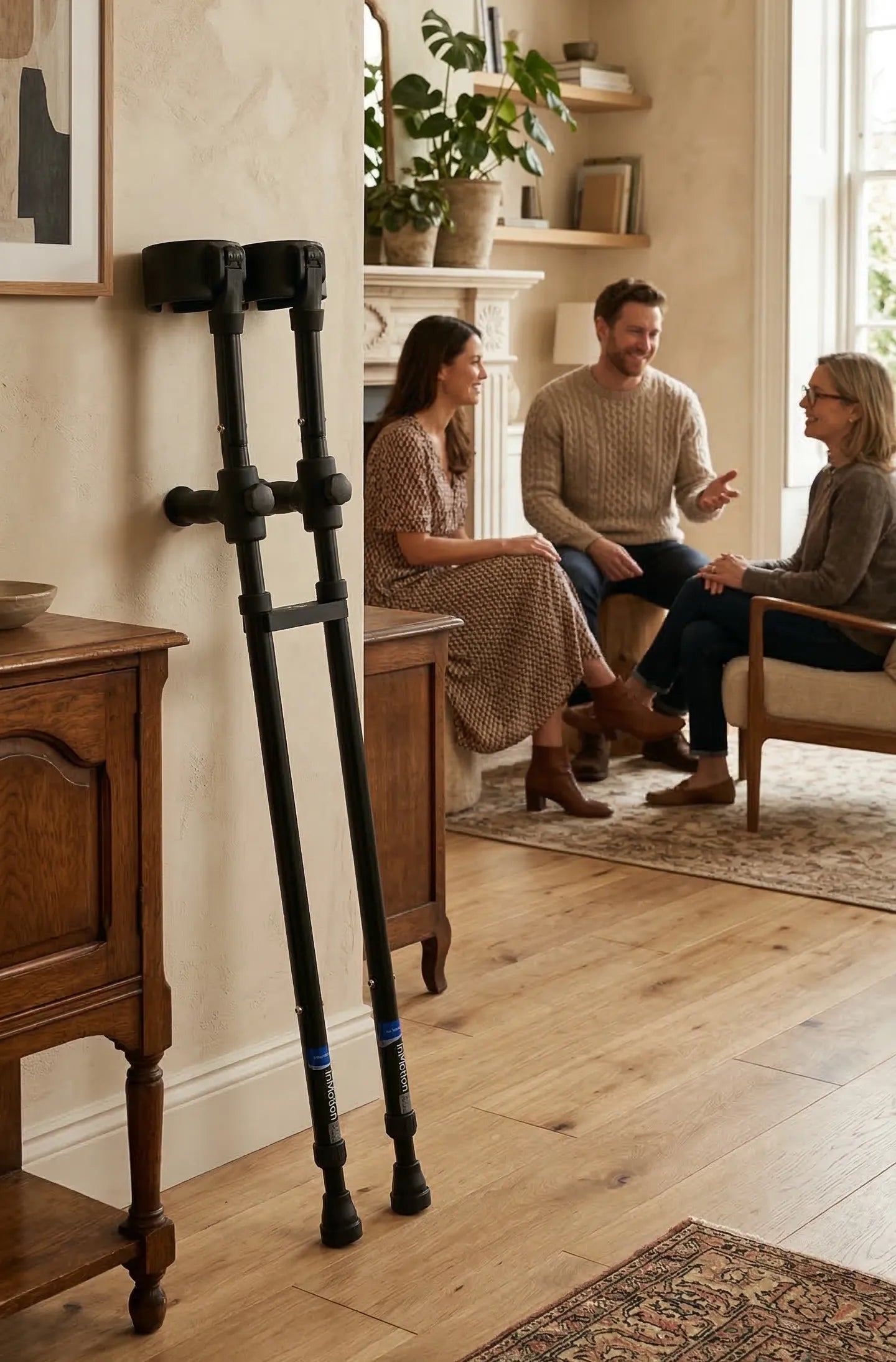 Forearm crutches with in-Motion Handy Clip in a living room