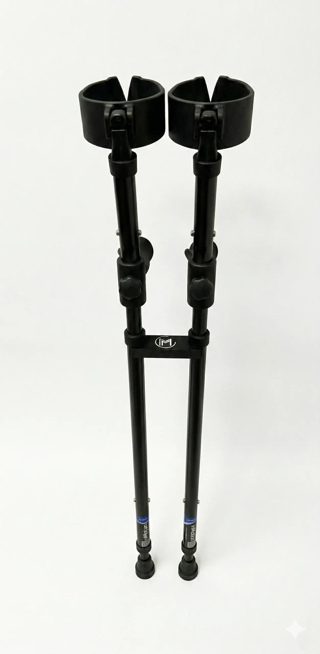 Pair of forearm crutches fitted with the in-Motion Handy Clip