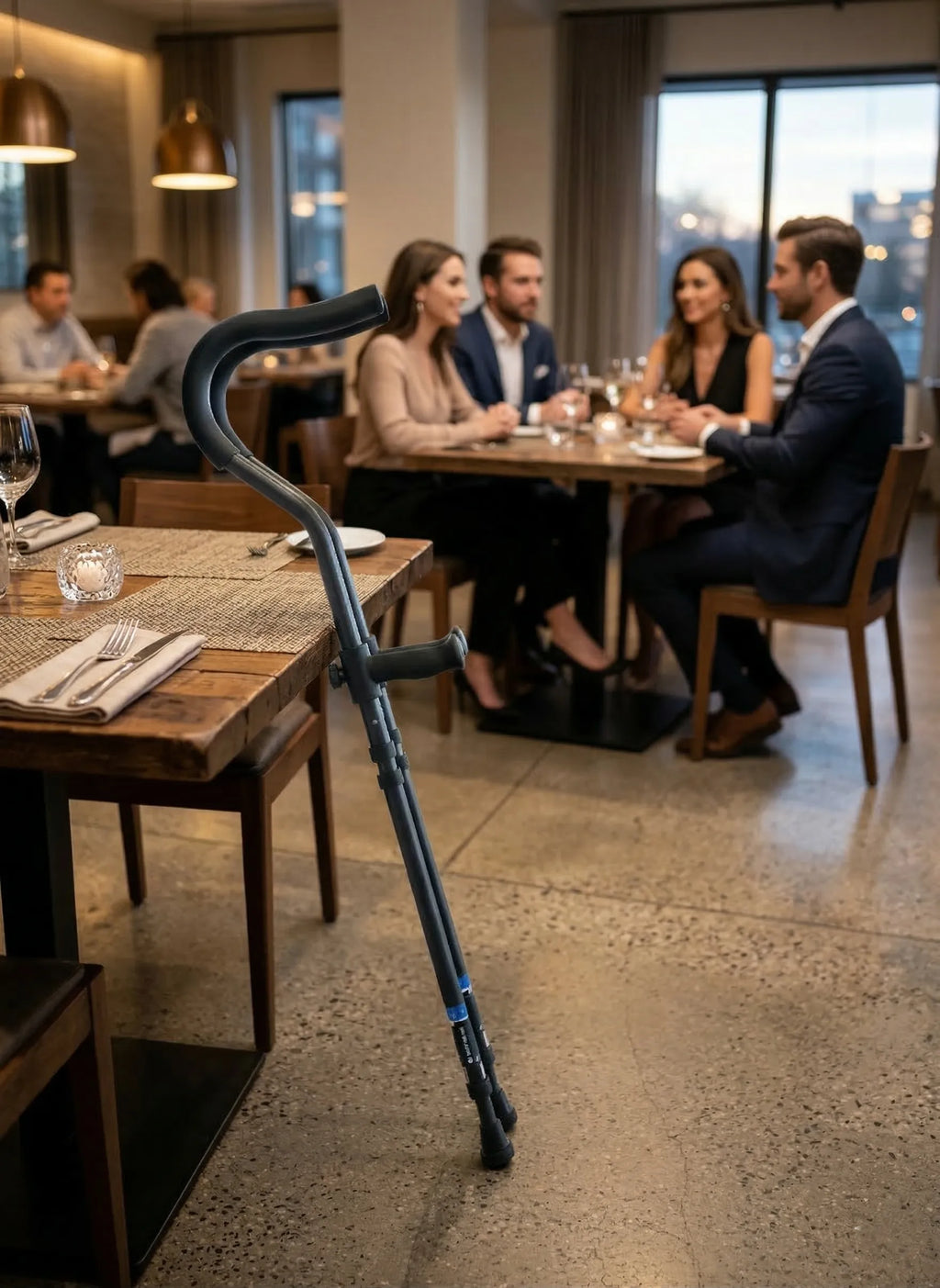 Underarm crutches with Handy Clip standing at a restaurant table
