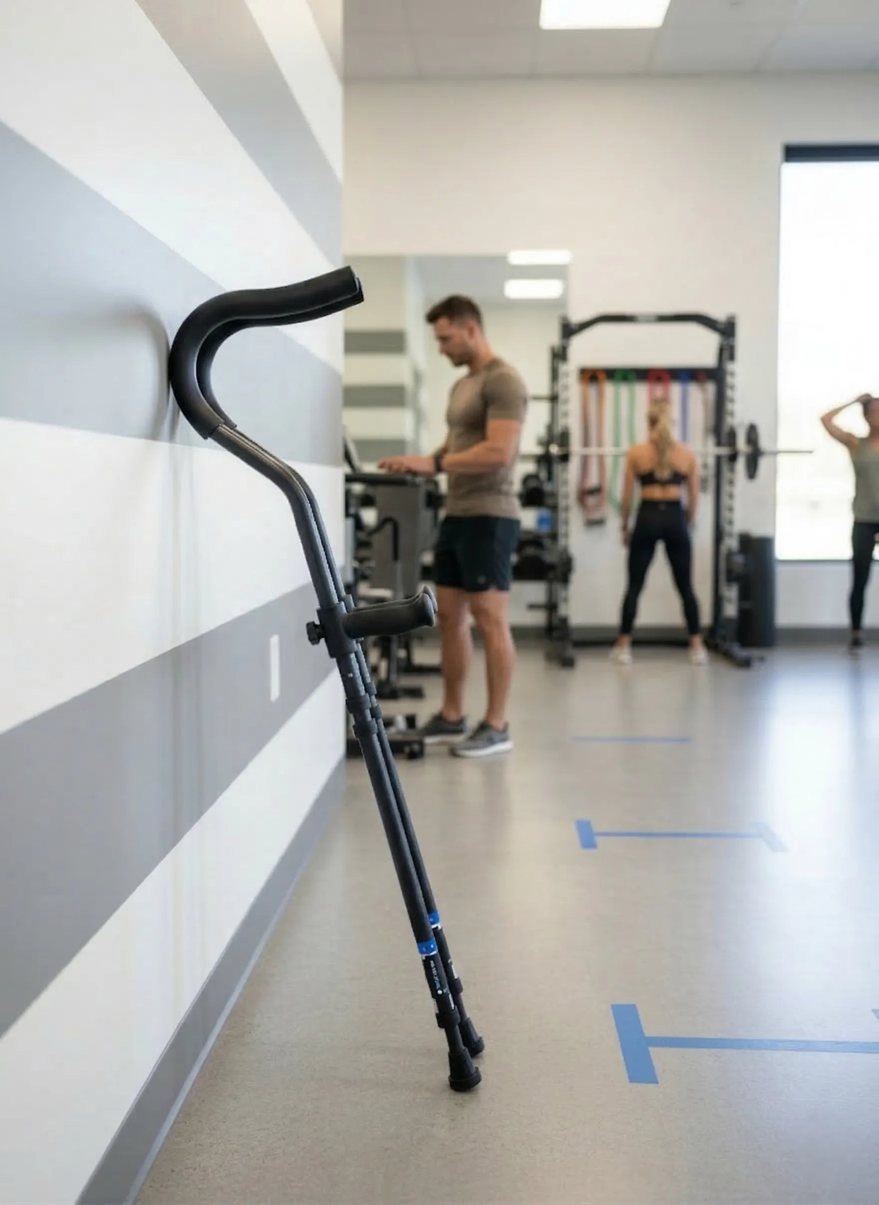 Underarm crutches with in-Motion Handy Clip in a gym