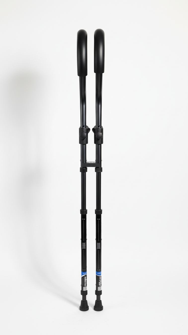 Underarm crutches fitted with the in-Motion Handy Clip