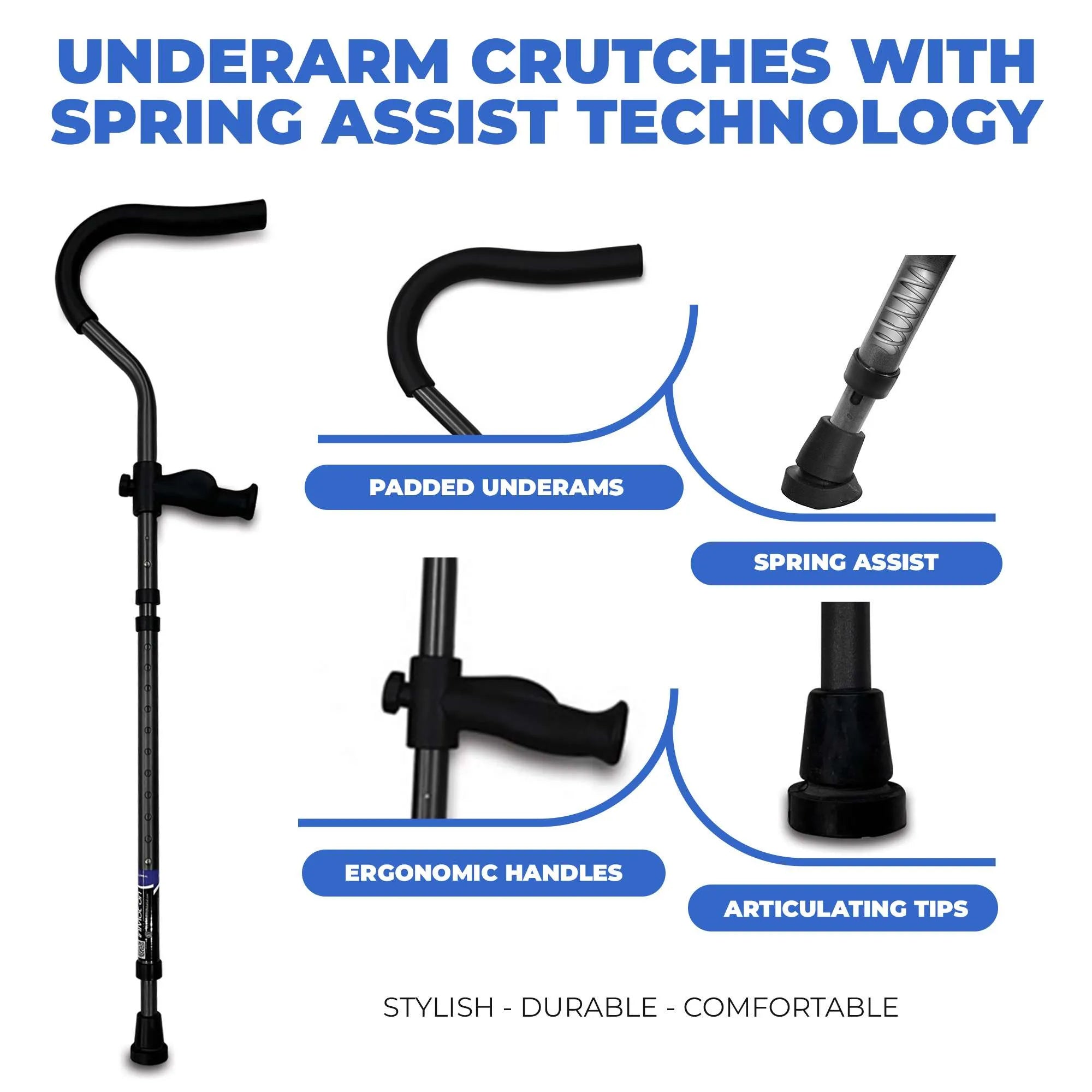 Tall in-Motion Pro underarm crutches, lightweight and foldable