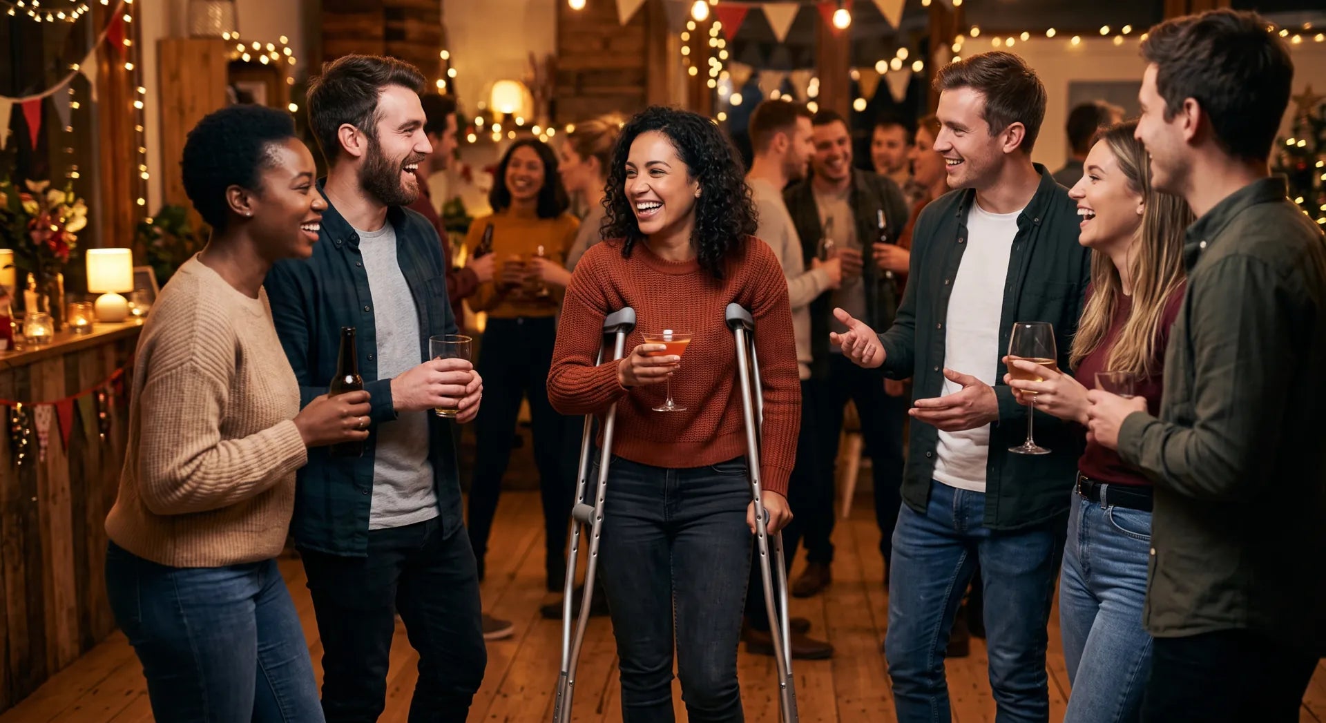 Woman on aluminum A-frame crutches with friends at a party