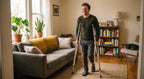 Man using aluminum A-frame crutches in a living room