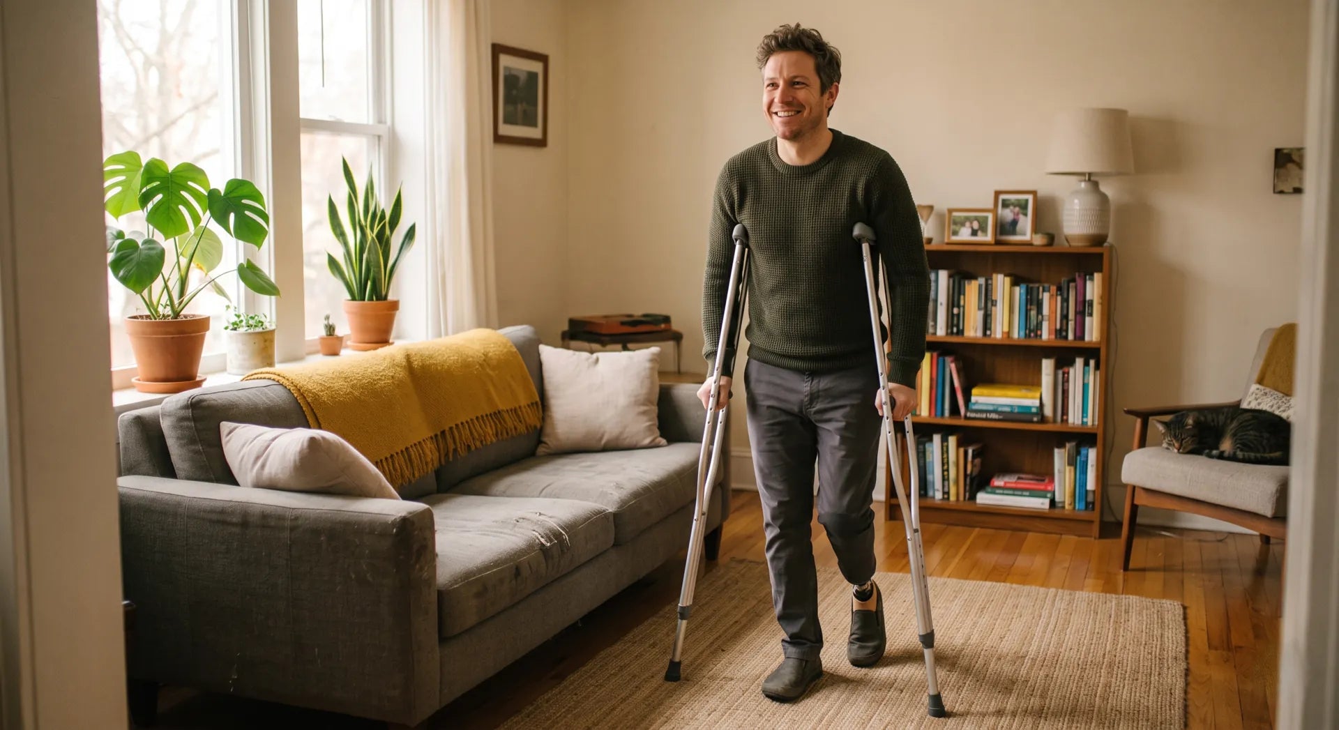 Man using aluminum A-frame crutches in a living room