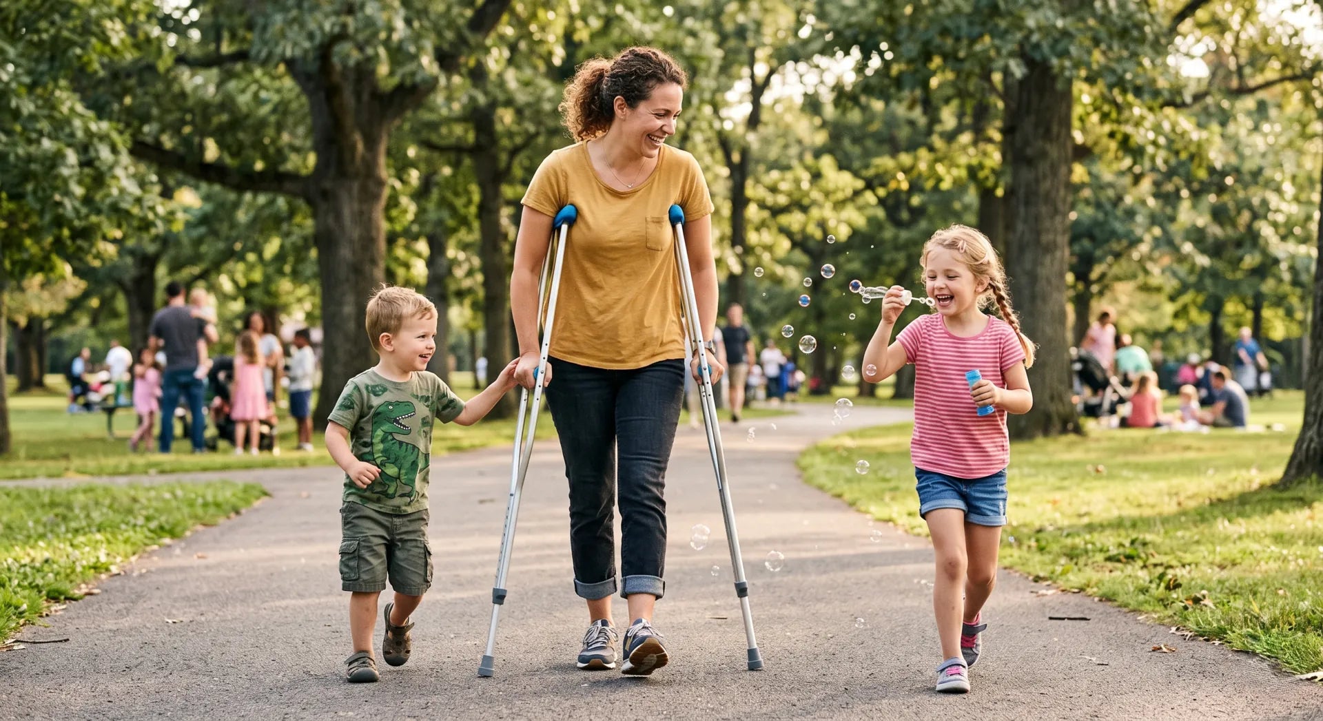 Mother using aluminum A-frame crutches walking with children in a park