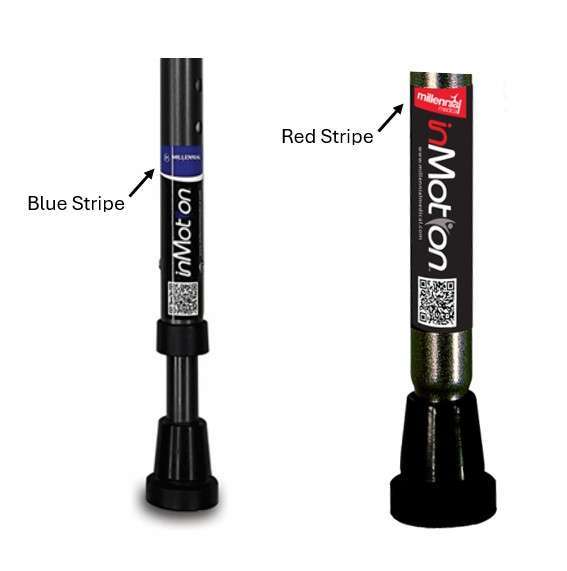 in-Motion crutch handle color options, red stripe and blue stripe