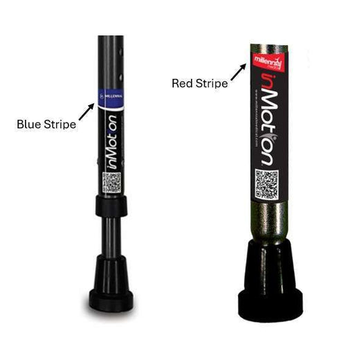 in-Motion crutch handle color options, red stripe and blue stripe