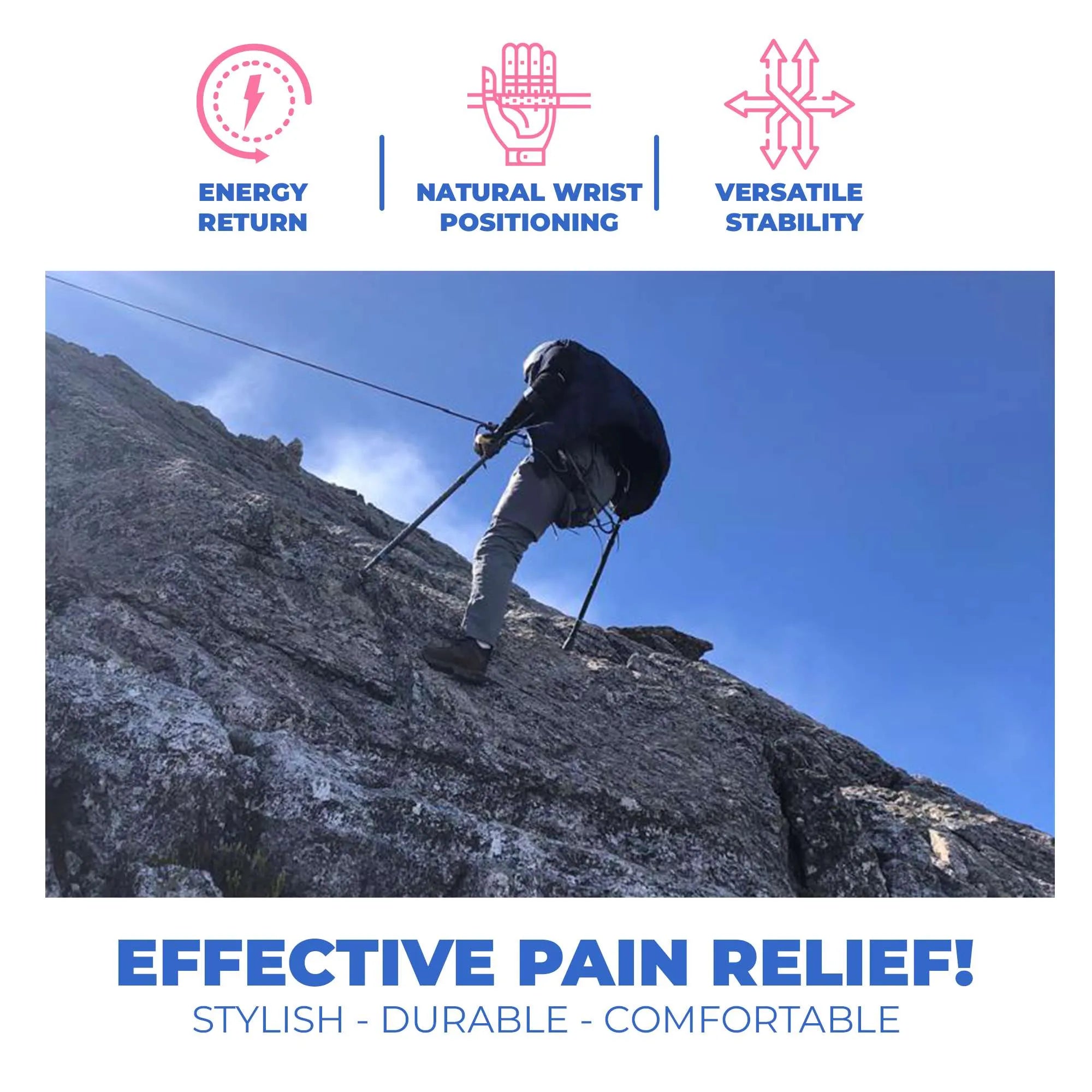 Climber using in-Motion Pro forearm crutches on rocky terrain