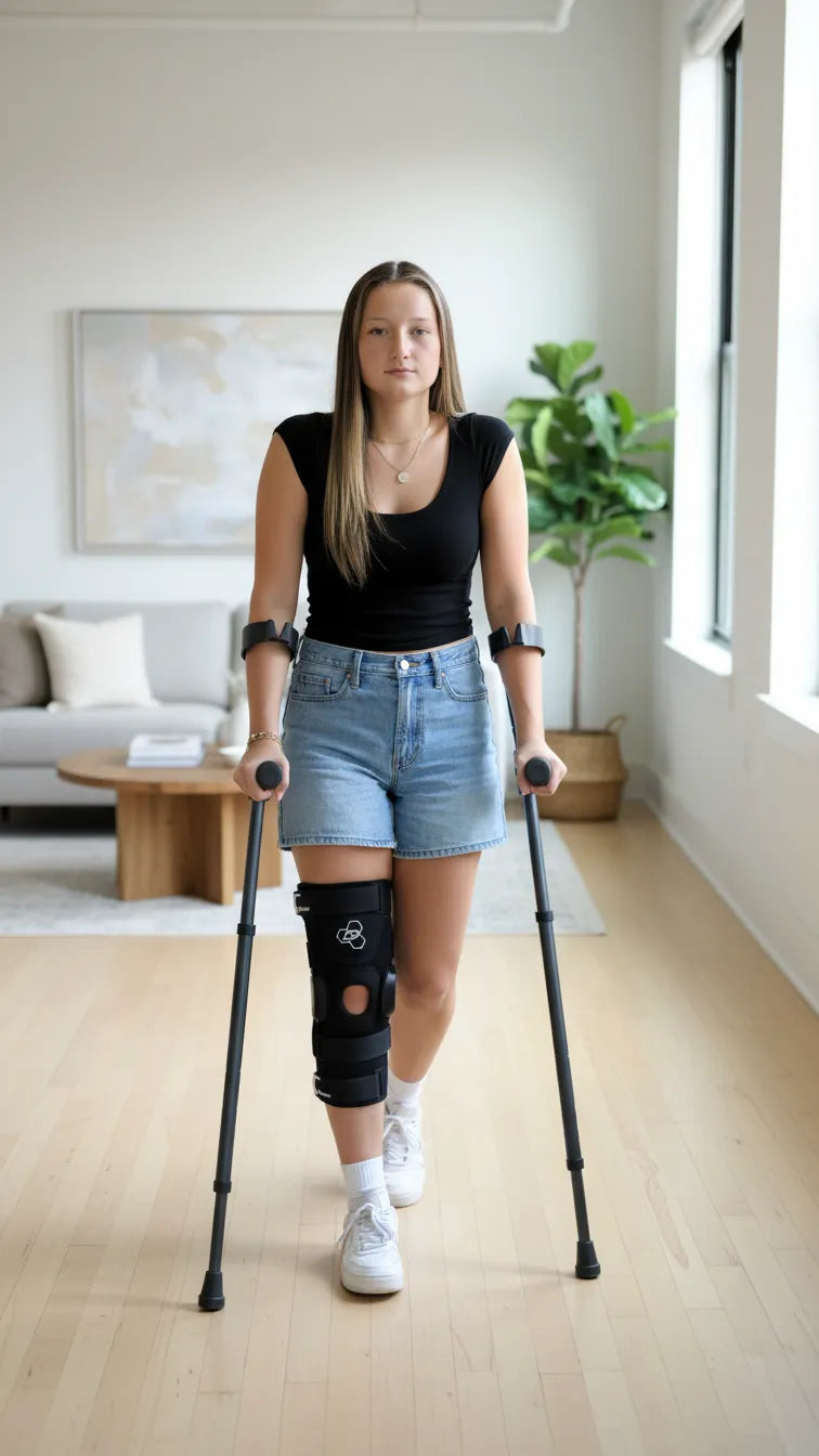 Person with a leg brace using in-Motion Pro forearm crutches at home