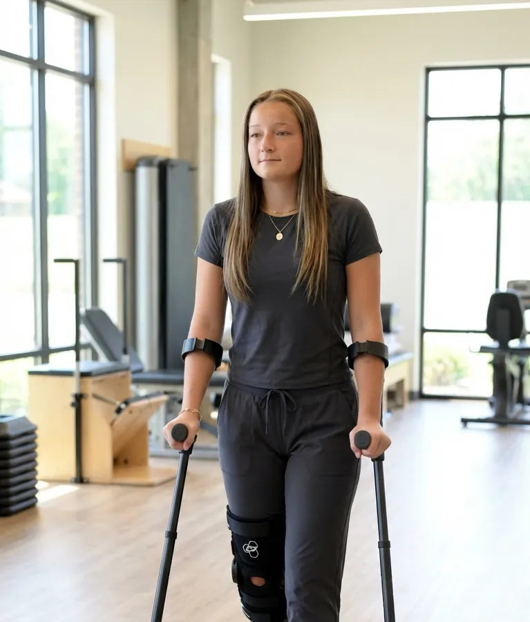 Person using in-Motion Pro forearm crutches at a rehab facility