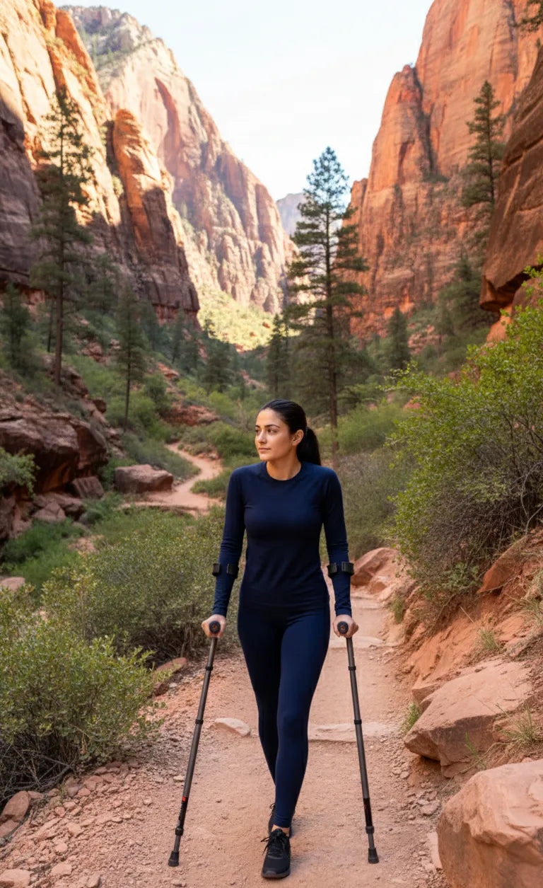 Woman hiking a canyon in Zion with in-Motion Pro forearm crutches