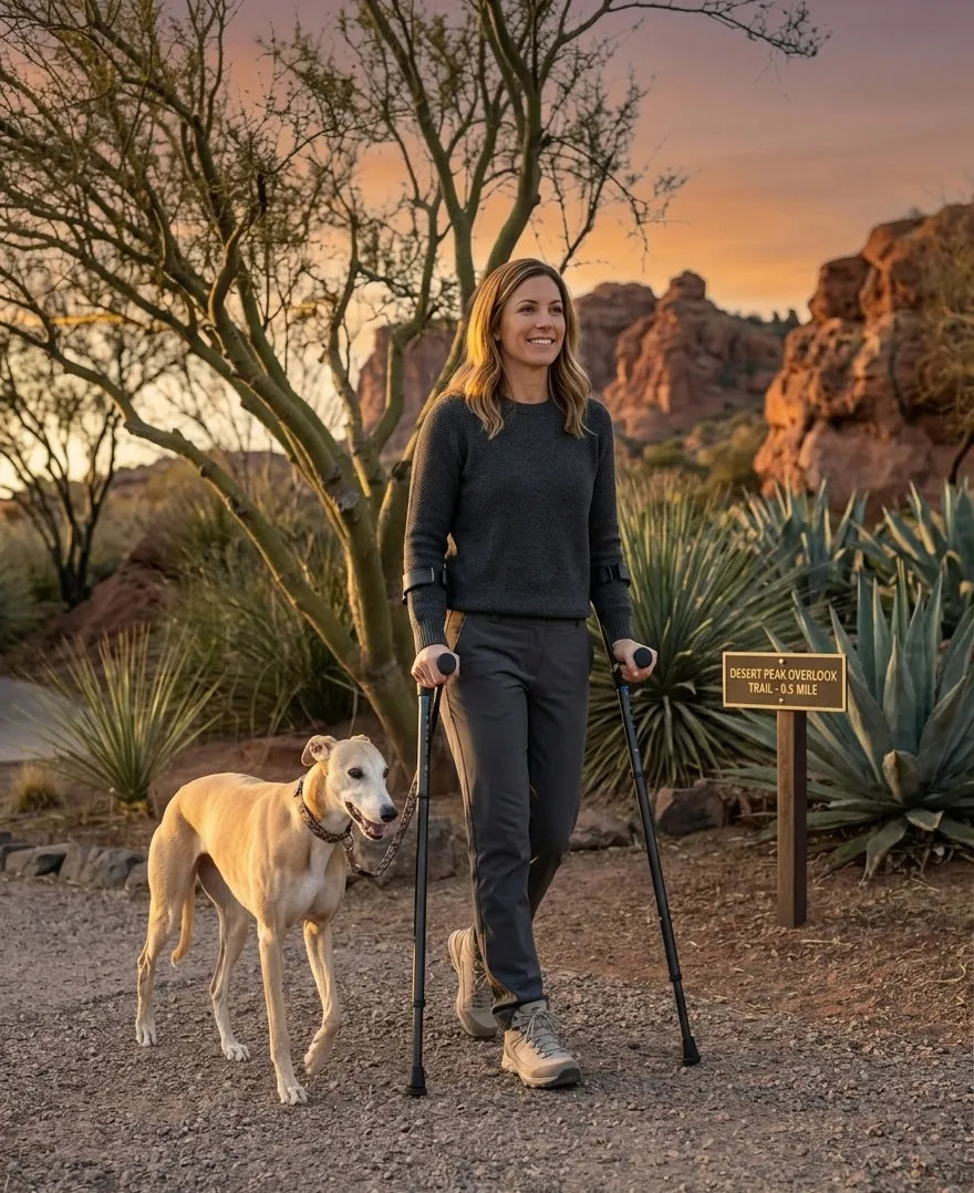 Woman hiking in Utah with her dog using in-Motion Pro forearm crutches