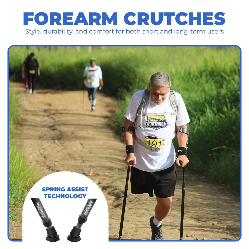 Man using in-Motion Pro spring-assisted forearm crutches on a jungle trail