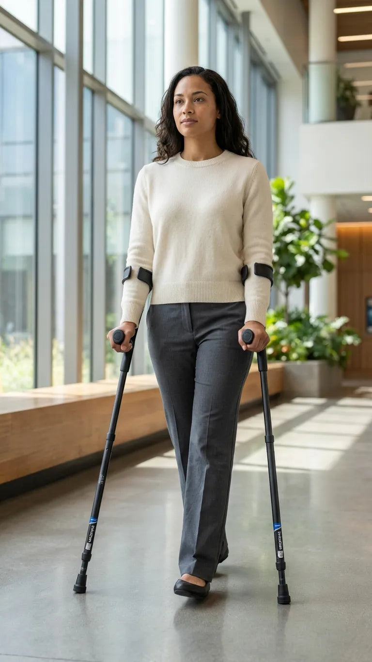 Person walking through an office using in-Motion Pro forearm crutches