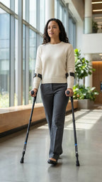 Person walking through an office using in-Motion Pro forearm crutches