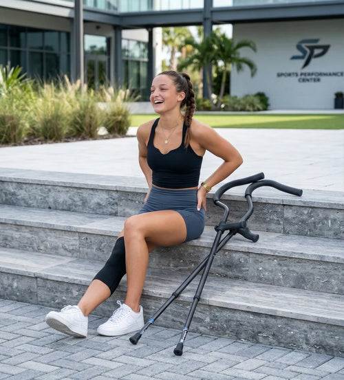 Person on stairs using In-Motion Freedom crutches sized for heights 4'11" to 5'7"