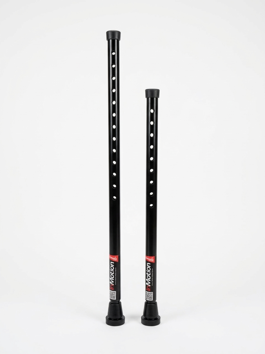 in-Motion black rigid crutch posts, tall and short size comparison