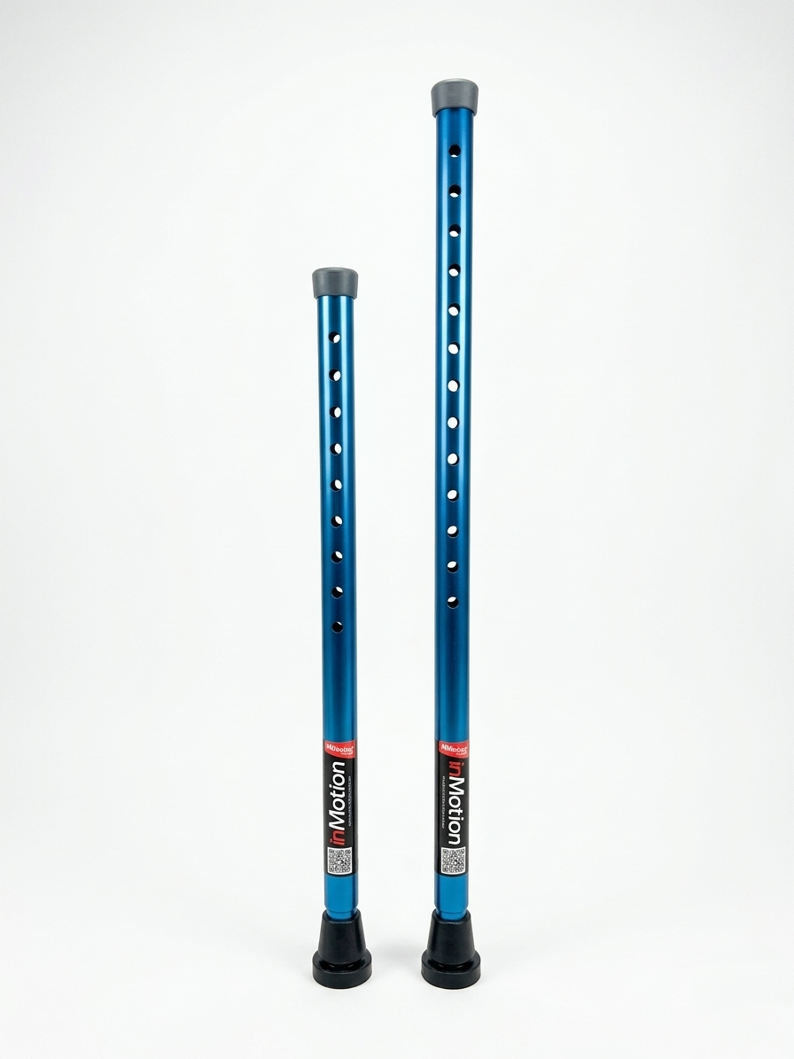 in-Motion blue rigid crutch posts, tall and short size comparison