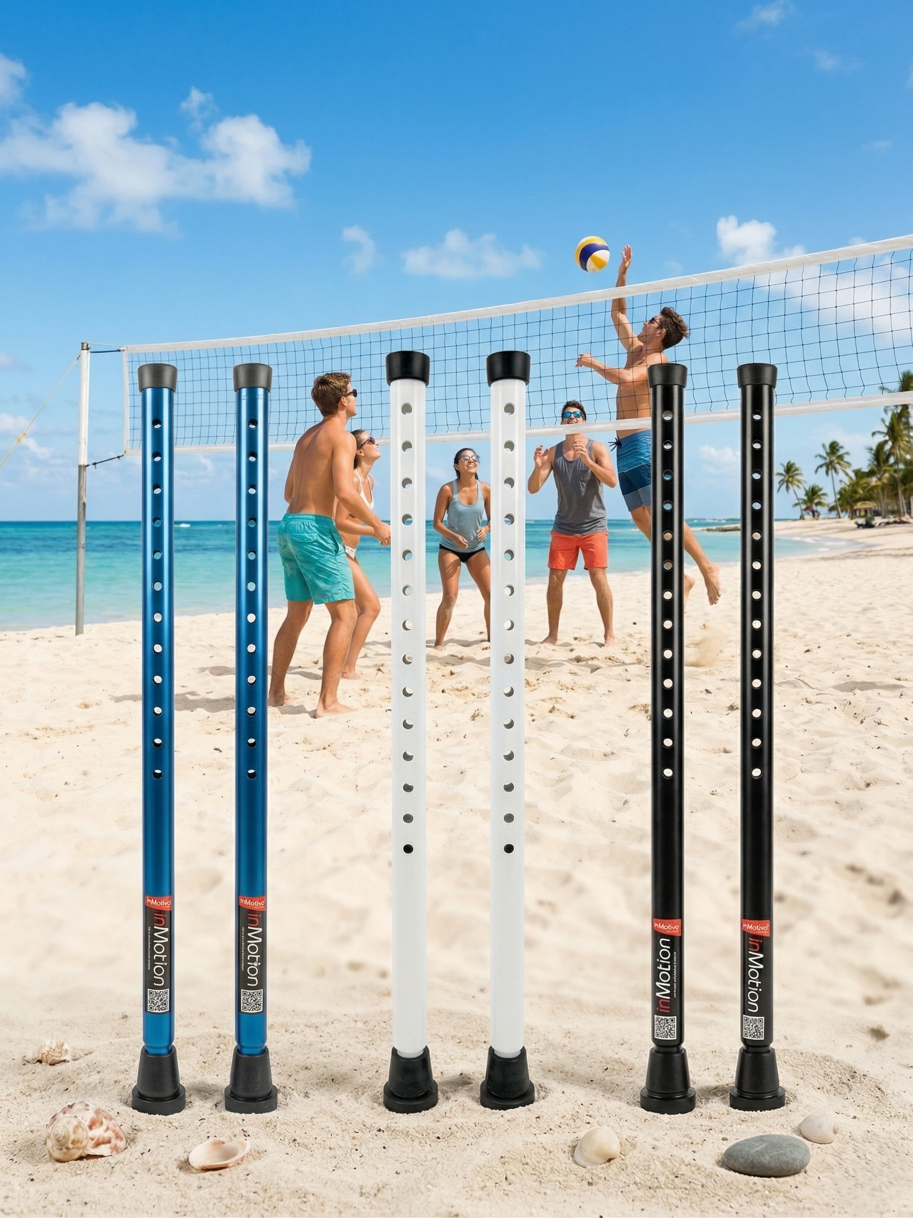 in-Motion rigid crutch posts in black, blue and white at the beach
