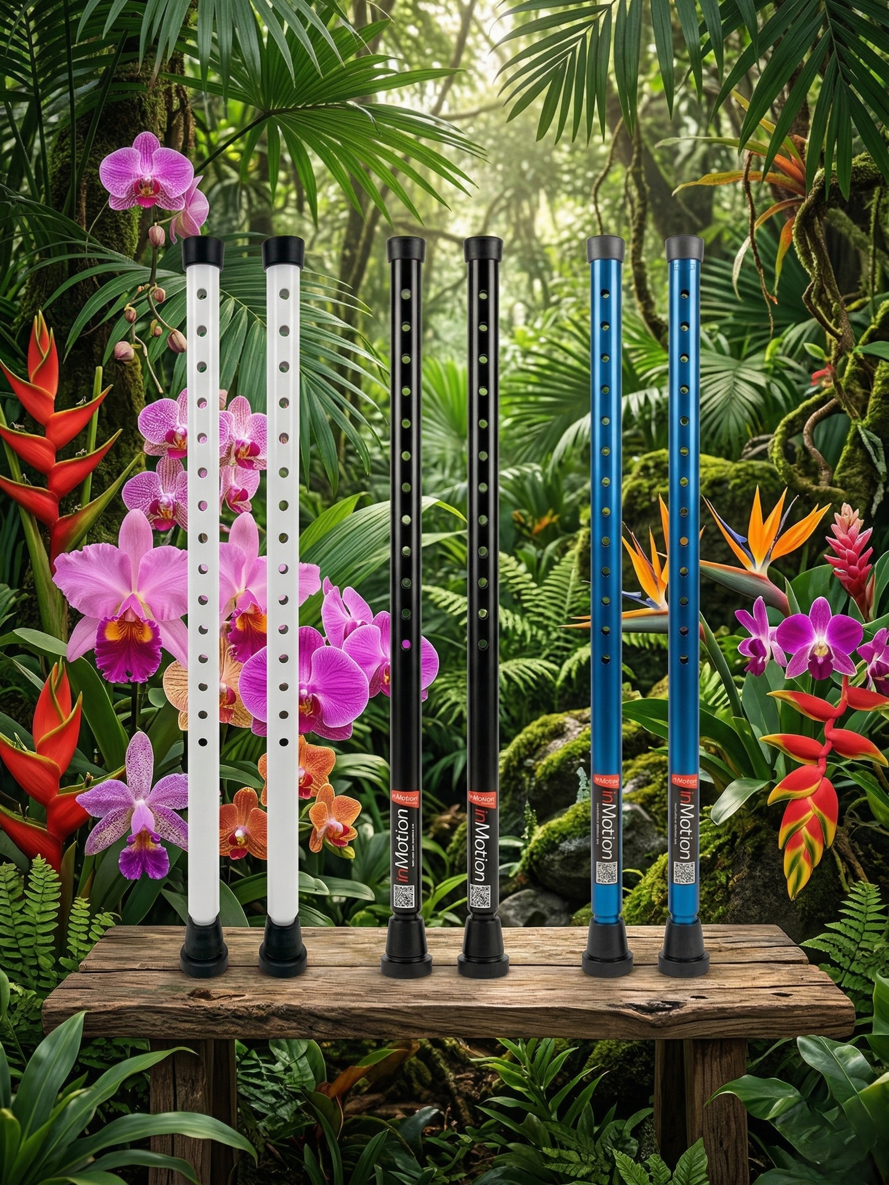 in-Motion rigid crutch posts in black, blue and white, jungle scene