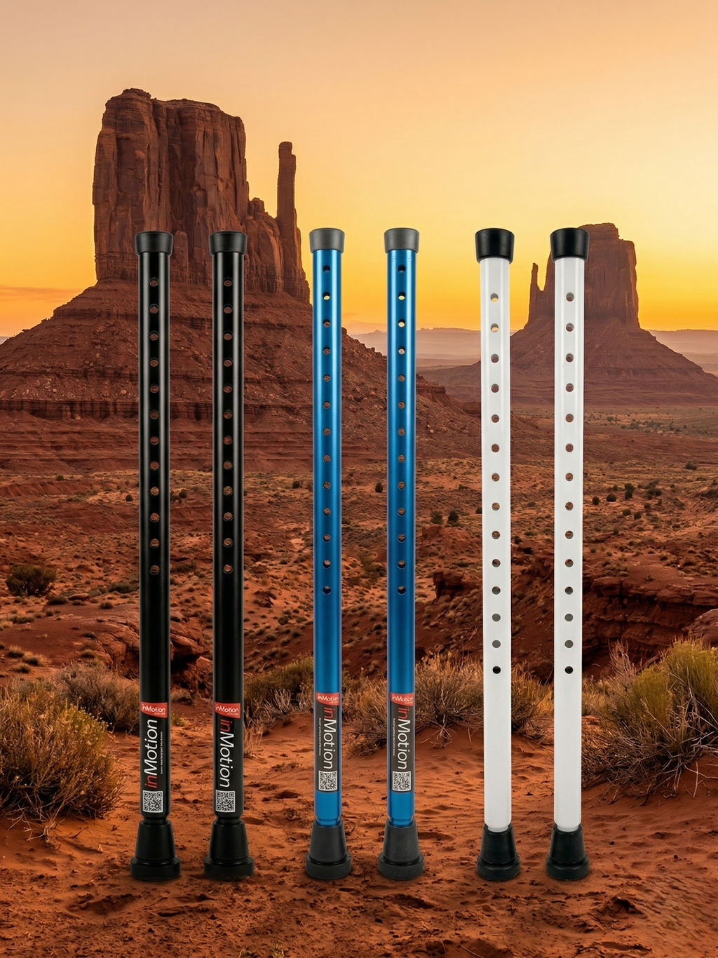 in-Motion rigid crutch posts in black, blue and white in Monument Valley