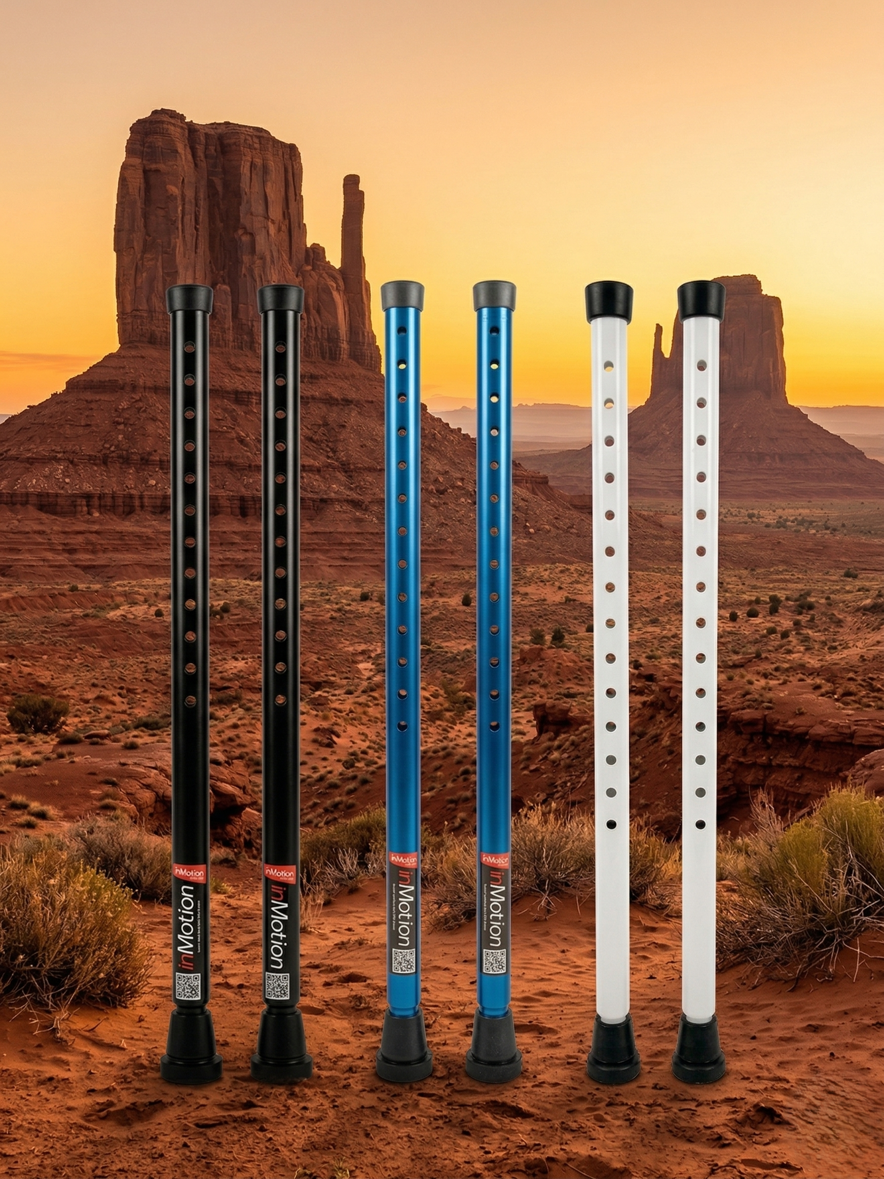 in-Motion rigid crutch posts in black, blue and white in Monument Valley