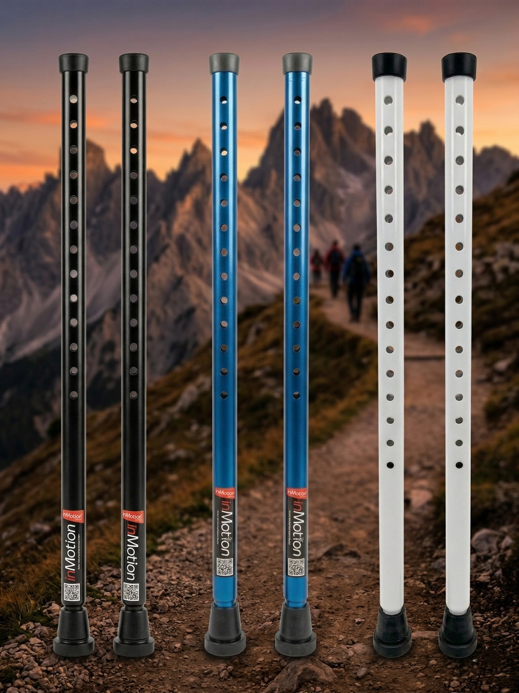 in-Motion rigid crutch posts in black, blue and white, mountain scene
