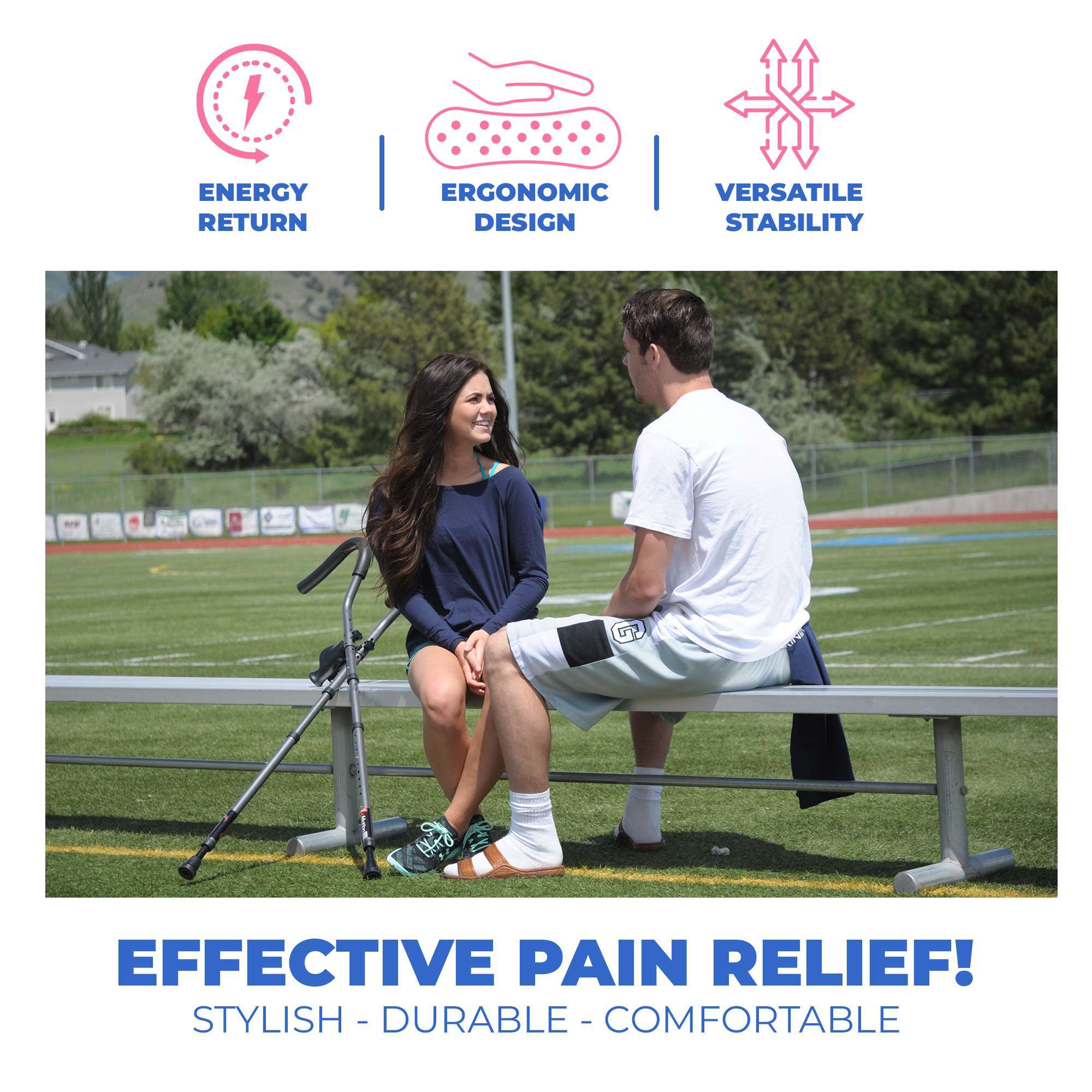 Couple at a track with in-Motion Pro underarm crutches
