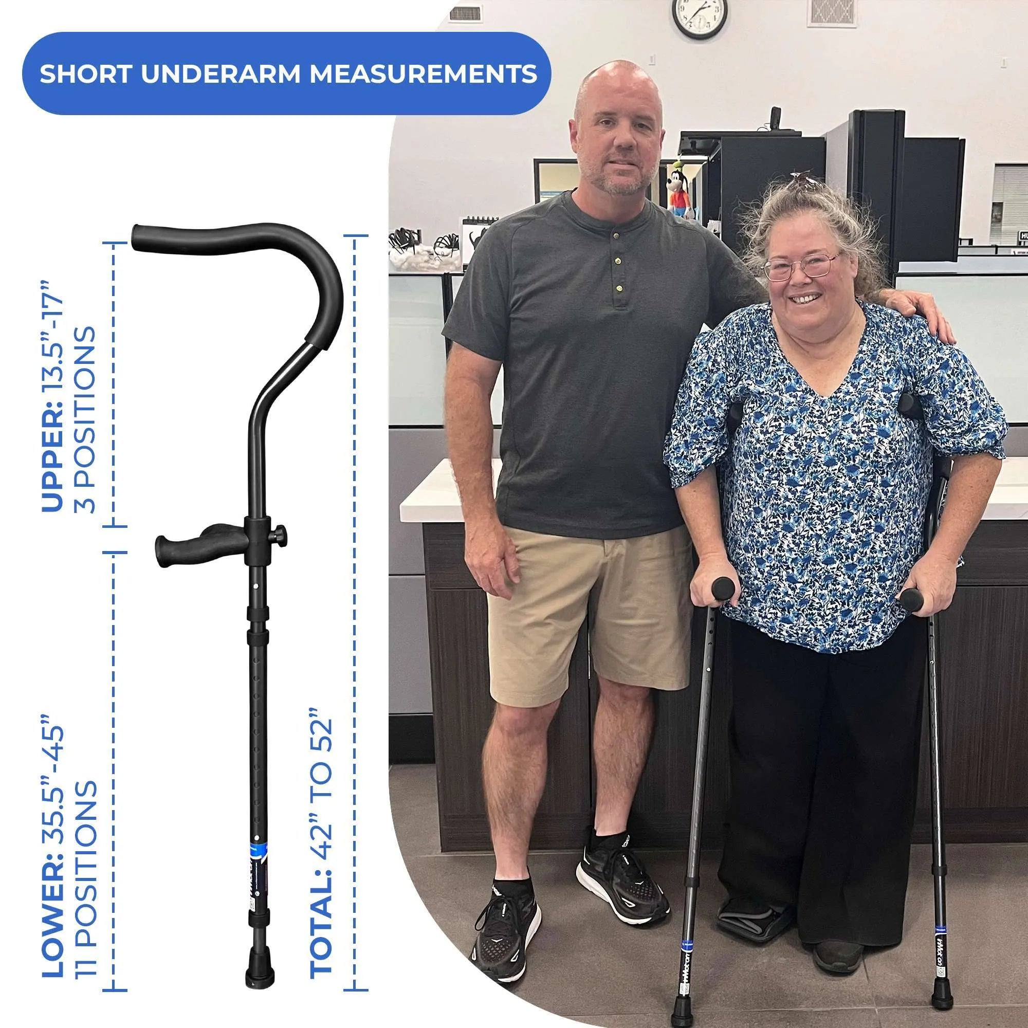 in-Motion Pro underarm crutch sizing chart for shorter users