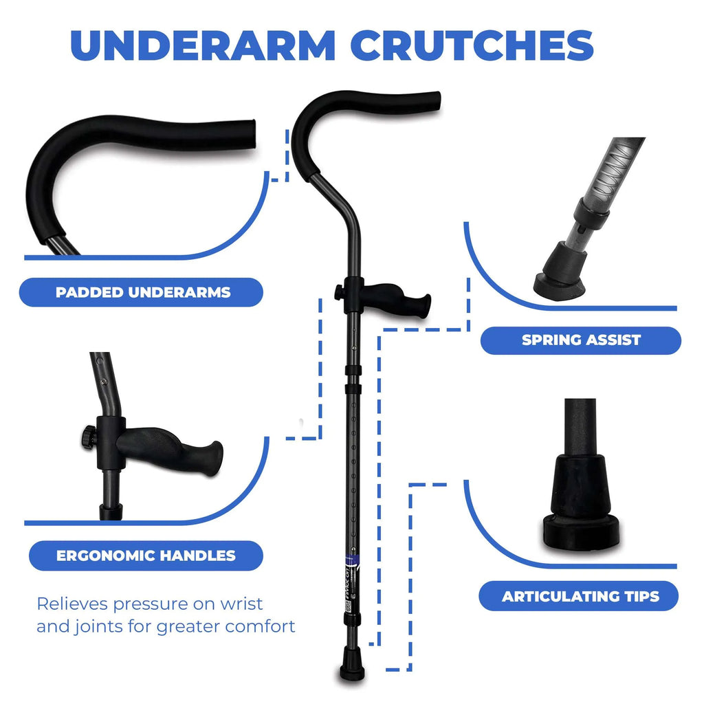 in-Motion Pro underarm crutches features: ergonomic handles and spring assist