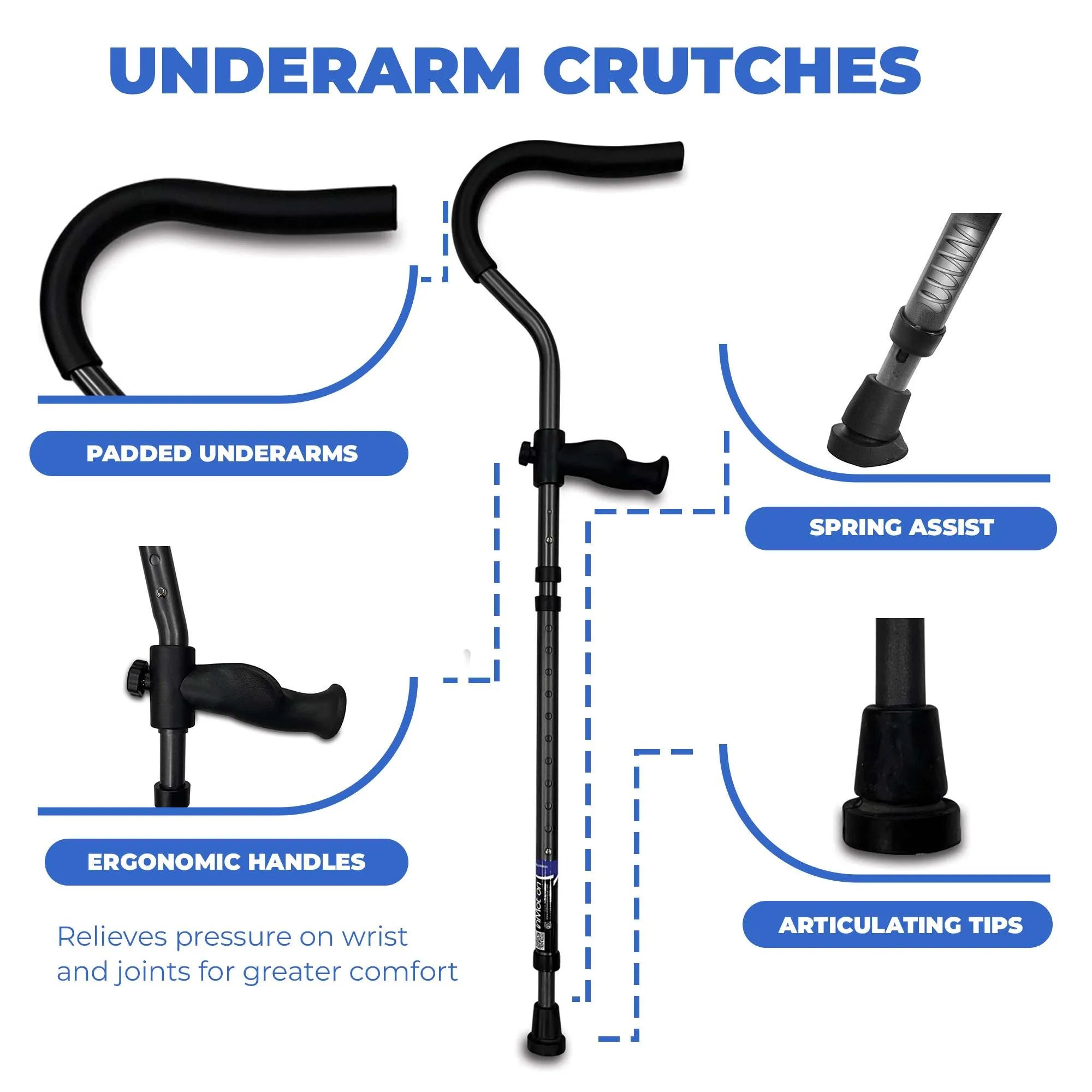 in-Motion Pro underarm crutches features: ergonomic handles and spring assist