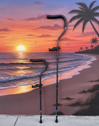 Pair of in-Motion Pro underarm crutches against a beach sunset mural