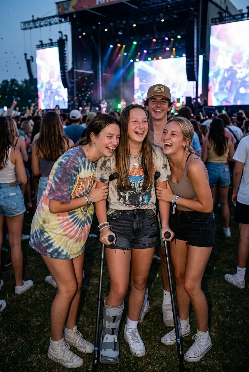 Person at a concert with friends using in-Motion Pro underarm crutches