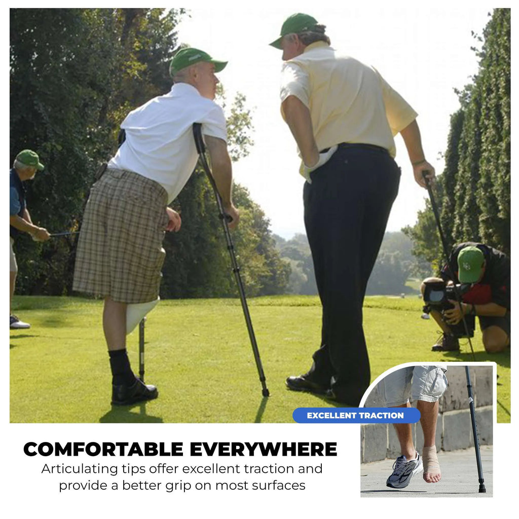 Golfer using in-Motion Pro underarm crutches with traction tips on grass