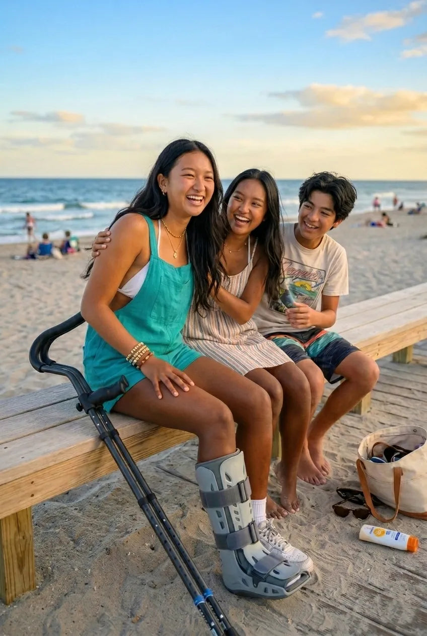 Friends at the beach at sunset with in-Motion Pro underarm crutches nearby