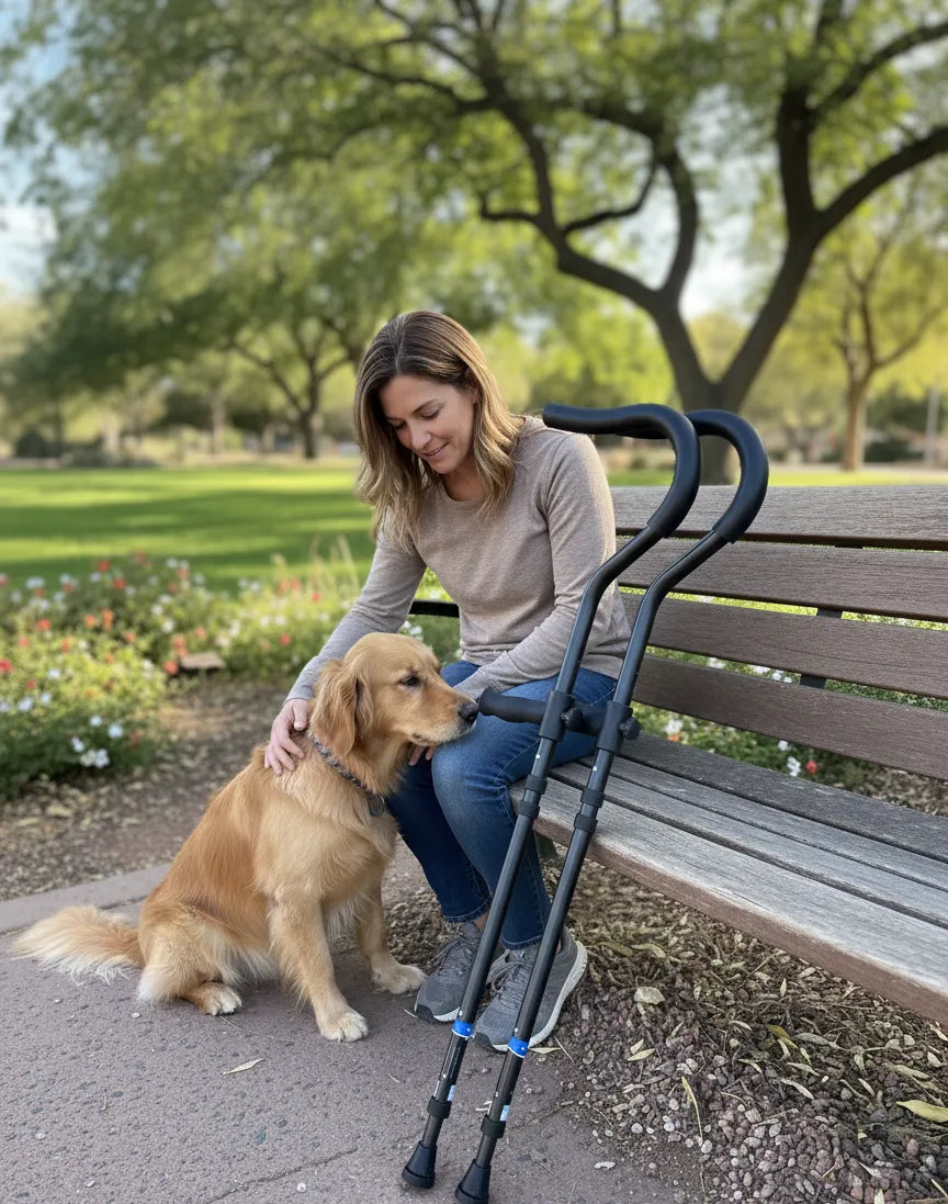 Woman with her dog using in-Motion Pro underarm crutches
